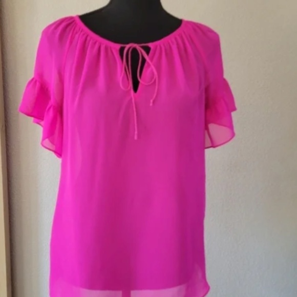 MILLY For DESIGN NATION Hot Pink Keyhole Tie Ruffled Short Sleeve Blouse :Anthro - Picture 1 of 12
